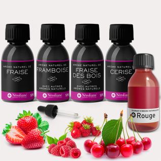Box of 4 natural flavours red fruits 50 ml, red colouring 30 ml + 1 free pipette